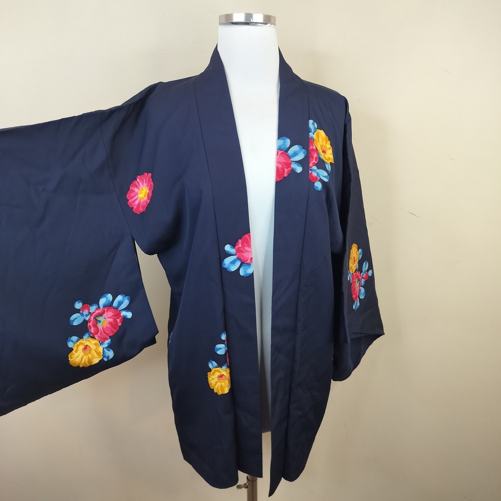 Floral Kimono Haori Jacket Women M / L One Size Silk Lined Navy Japanese